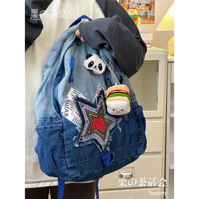 Star Applique Washed Paneled Denim Backpack SpreePicky