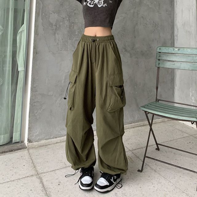 Leg Waist Cargo Pants Drawstring Plain Wide FashionChic
