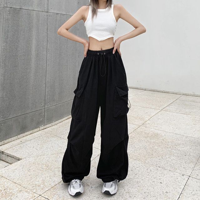 Leg Waist Cargo Pants Drawstring Plain Wide FashionChic