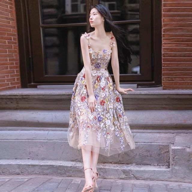 Spaghetti Strap Flower Accent Mesh A-Line Evening Gown / Midi Cocktail Dress FashionChic