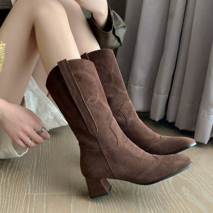 Block Heel Pointed Toe Embroidered Genuine Leather Mid-Calf Boots SpreePicky