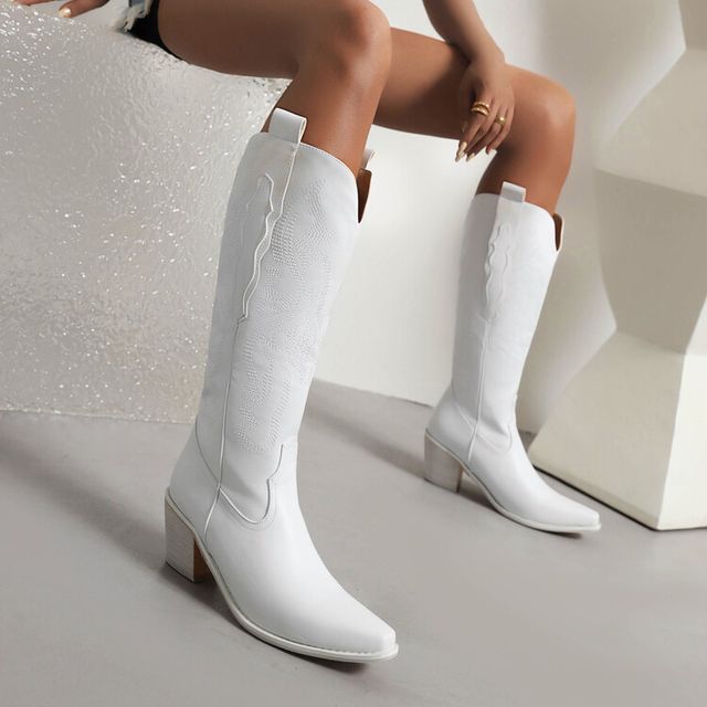 Block Heel Pointed Toe Embroidered Cowboy Tall Boots SpreePicky