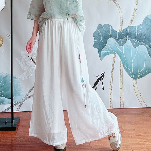 High Rise Floral Embroidered Wide Leg Pants SpreePicky