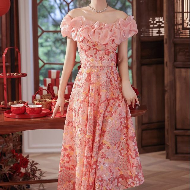 Short-Sleeve Ruffle Floral Mesh Midi A-Line Evening Dress SpreePicky