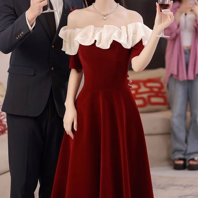 Short-Sleeve Off Shoulder Two Tone Midi A-Line Evening Dress FashionChic