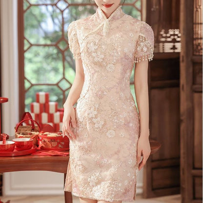 Short-Sleeve Fringed Floral Mini Sheath Qipao Dress SpreePicky