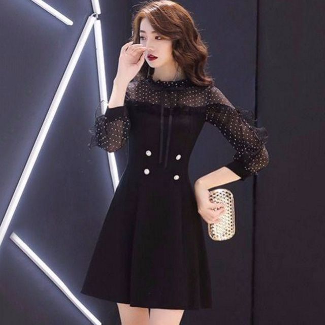 Mock Two-Piece Puff-Sleeve Double-Breasted Ruffled Paneled Mini A-Line Dress SpreePicky