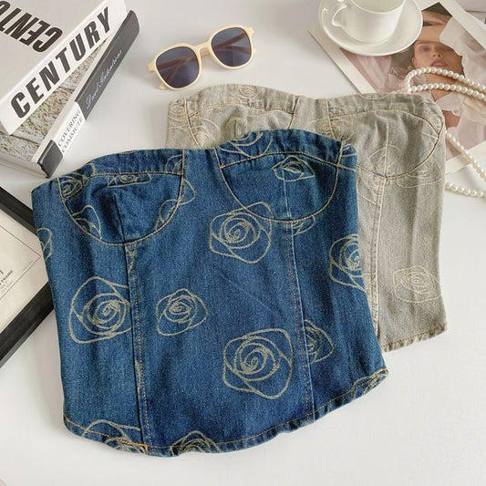 Floral Print Denim Crop Bustier Top mySite