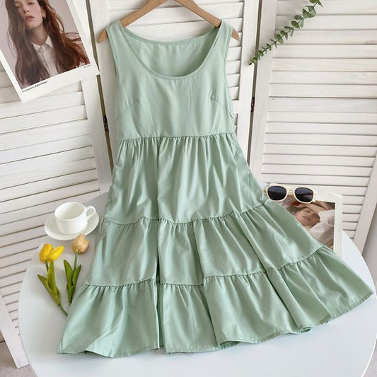 Sleeveless Scoop Neck Plain Tiered A-Line Dress mySite