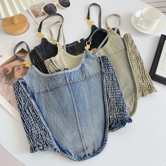 Fringed Denim Crop Cami Top mySite