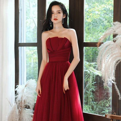 Plain Ruched Satin Panel Mesh A-Line Tube Evening Gown SpreePicky