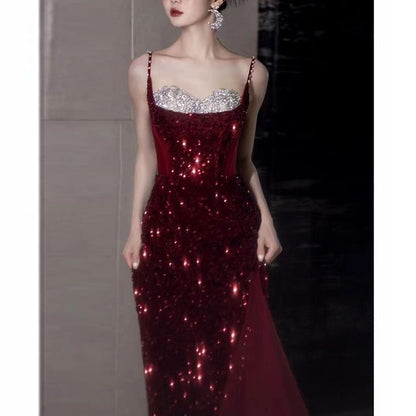 Spaghetti Strap Two Tone Sequin Slit Panel Mesh A-Line Evening Gown SpreePicky