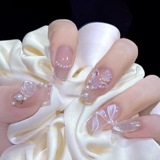 Floral Faux Pearl Faux Nail Tips SpreePicky