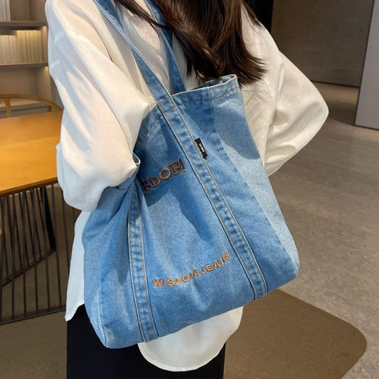 Washed Letter Embroidered Denim Tote Bag SpreePicky