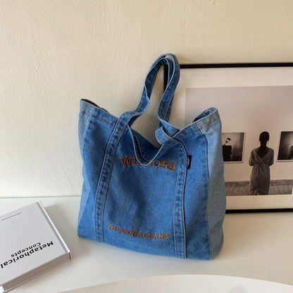 Washed Letter Embroidered Denim Tote Bag SpreePicky