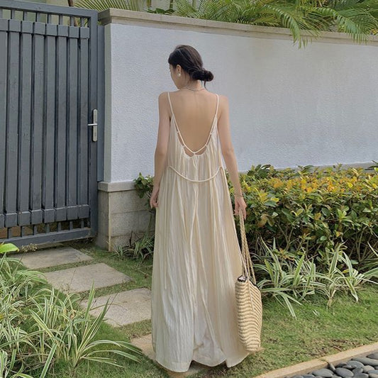 Spaghetti Strap Plain Open Back Shirred Midi Sundress SpreePicky