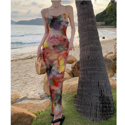 Spaghetti Strap Tie-Dyed Midi Mermaid Dress SpreePicky