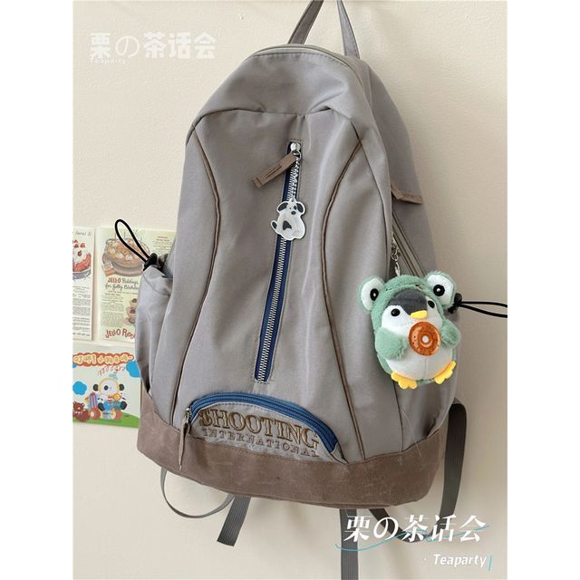 Letter Embroidered Zip Detail Backpack / Charm / Set SpreePicky