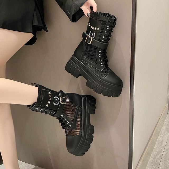Panel Short Mesh Studded Platform Lace-Up Boots FashionChic