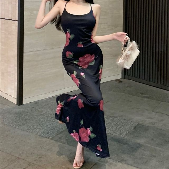 Spaghetti Strap Floral Open Back Maxi Mermaid Dress SpreePicky