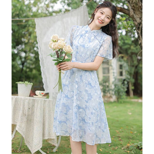 Short-Sleeve Band Collar  Floral Print Midi A-Line Dress mySite