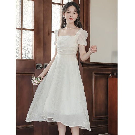 Short-Sleeve Square Neck Plain Midi A-Line Dress mySite