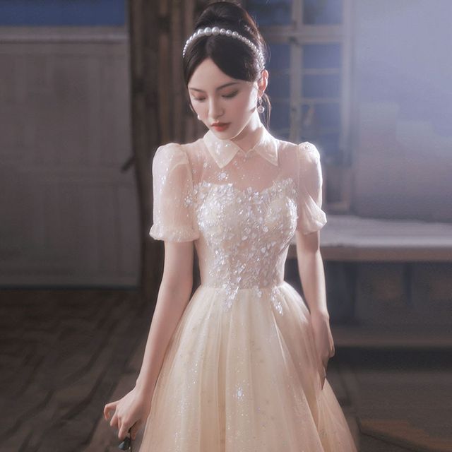 / A-Line Midi Short-Sleeve Evening Gown Dress Mesh FashionChic