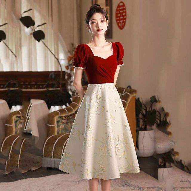 Short-Sleeve Sweetheart Neckline Two Tone Midi A-Line Evening Dress SpreePicky