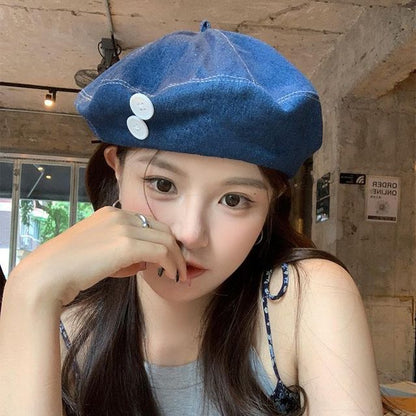 Button Washed Denim Beret SpreePicky