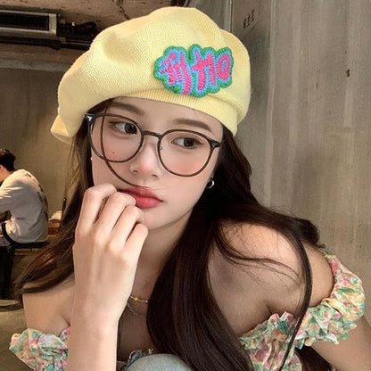 Lettering Embroidered Knit Beret SpreePicky