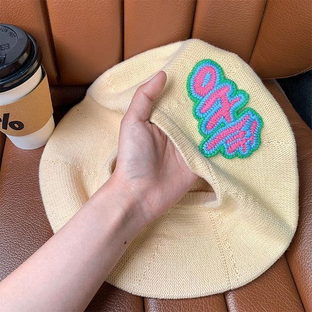 Lettering Embroidered Knit Beret SpreePicky