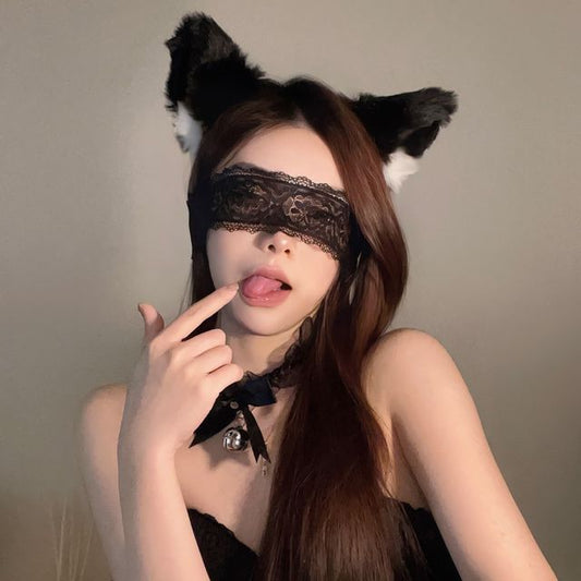 Cat Ear Chenille Headband / Lace Eye Mask / Set SpreePicky