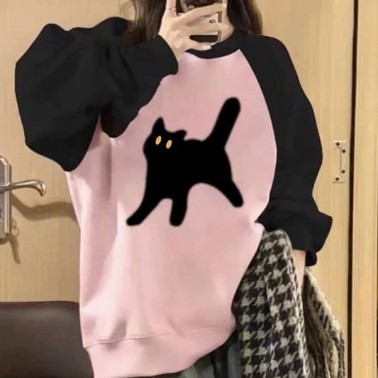 Crew Neck Cat Accent Raglan Sweatshirt SpreePicky