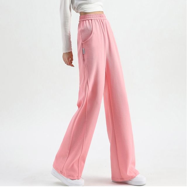 High Waist Plain Pocketed Drawstring Wide Leg Sweatpants SpreePicky