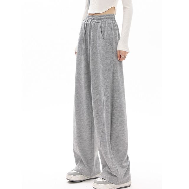 High Waist Plain Pocketed Drawstring Wide Leg Sweatpants SpreePicky