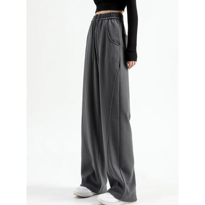 High Waist Plain Pocketed Drawstring Wide Leg Sweatpants SpreePicky