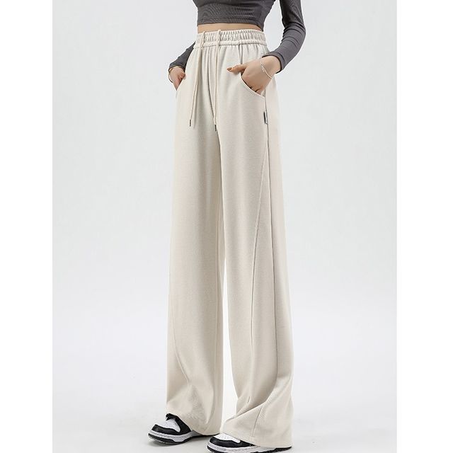 High Waist Plain Pocketed Drawstring Wide Leg Sweatpants SpreePicky