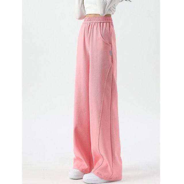 High Waist Plain Pocketed Drawstring Wide Leg Sweatpants SpreePicky