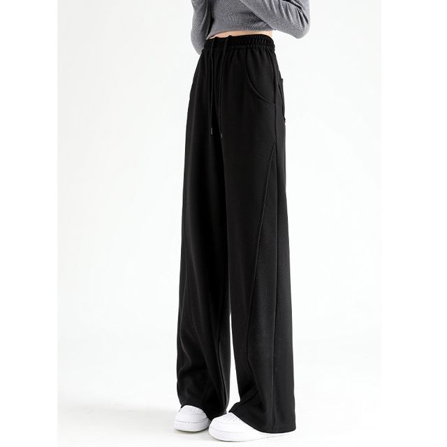 High Waist Plain Pocketed Drawstring Wide Leg Sweatpants SpreePicky