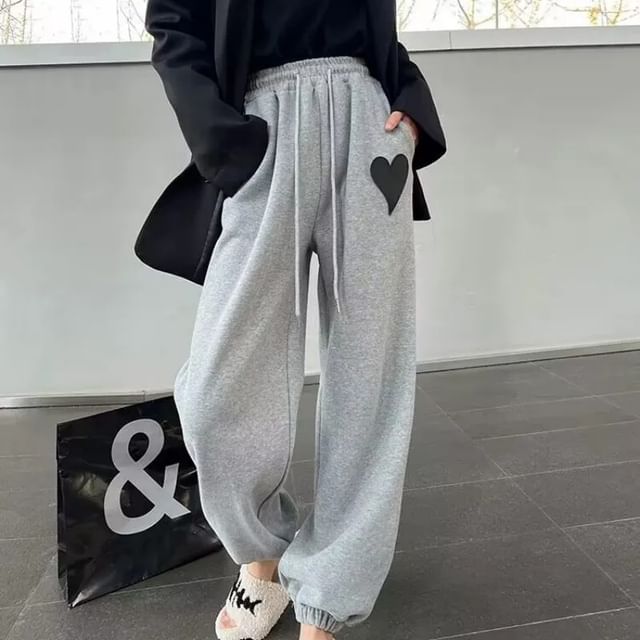 High Waist Heart Print Straight-Fit Sweat Pants SpreePicky