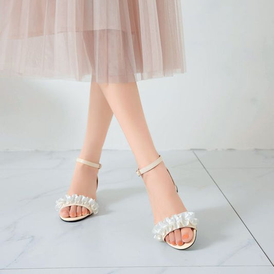 Ankle Strap Ruffle Trim Low Heel Sandals SpreePicky