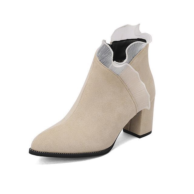 Ruffle Trim Chunky Heel Ankle Boots SpreePicky