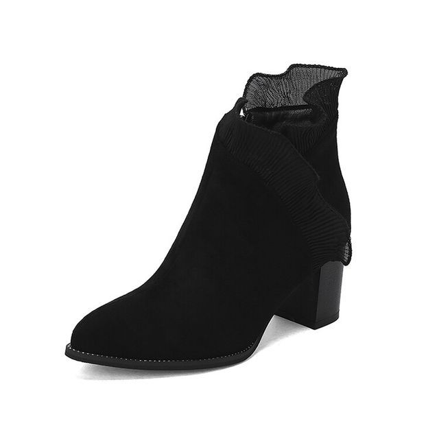 Ruffle Trim Chunky Heel Ankle Boots SpreePicky