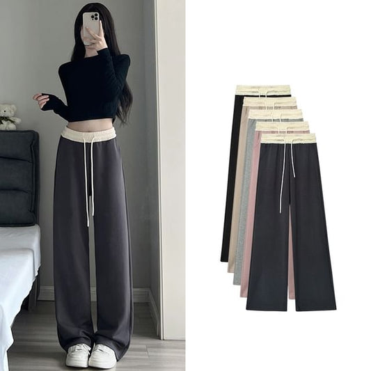 Paneled High Waist Drawstring Pocket Wide Leg Sweatpants SpreePicky