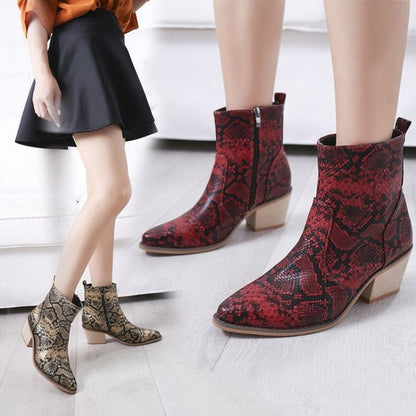 Snakeskin Print Chunky Heel Short Boots SpreePicky