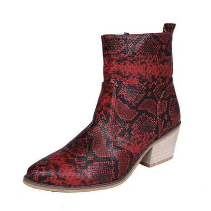 Snakeskin Print Chunky Heel Short Boots SpreePicky