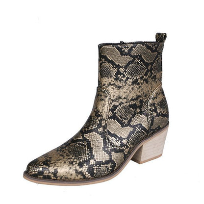 Snakeskin Print Chunky Heel Short Boots SpreePicky