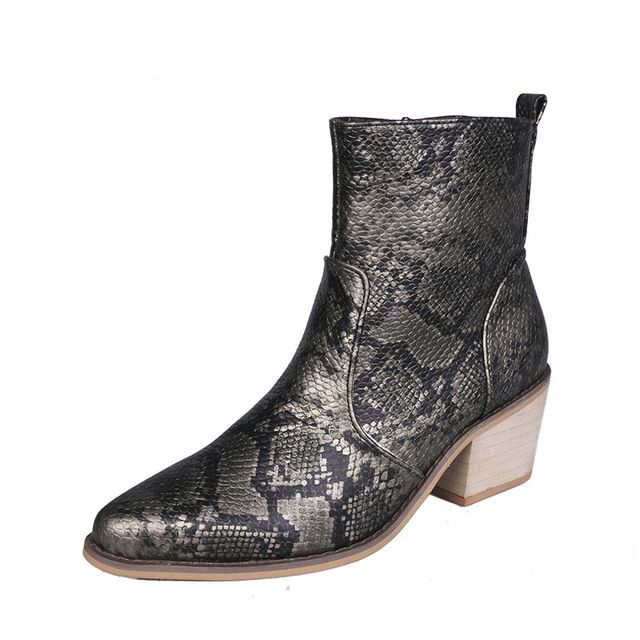 Snakeskin Print Chunky Heel Short Boots SpreePicky