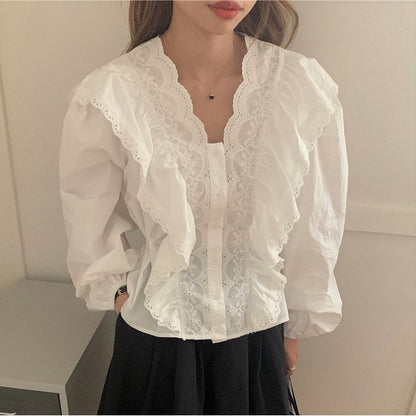 Puff-Sleeve Frill Trim Plain Blouse mySite