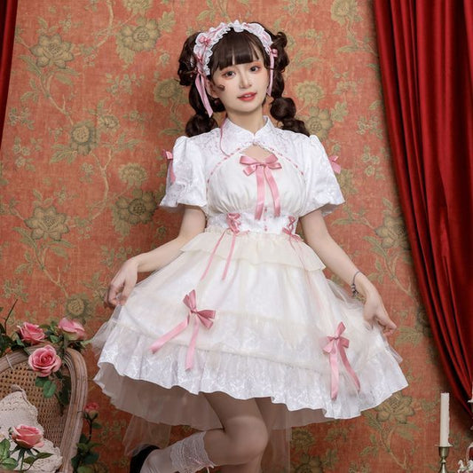 Lolita Short-Sleeve Band Collar Bow Accent Two Tone Lolita A-Line Dress mySite